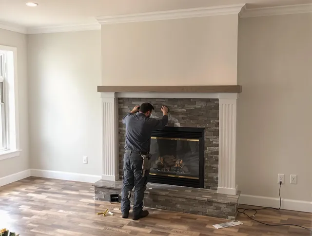 Ravenna Chimney Sweep finishing a custom fireplace install in Ravenna, OH